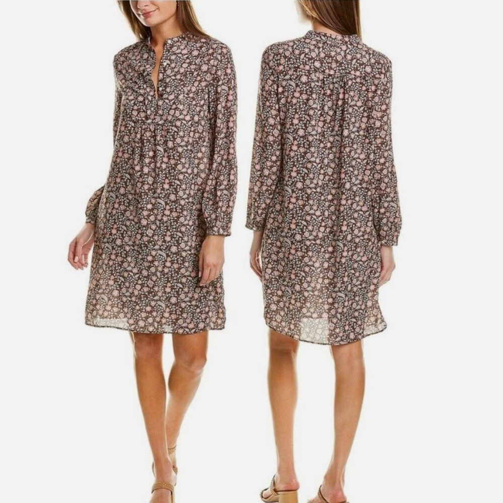 J McLaughlin Tavia Shift Dress Size Small Brown Pink‎ Floral Long Sleeve Pockets